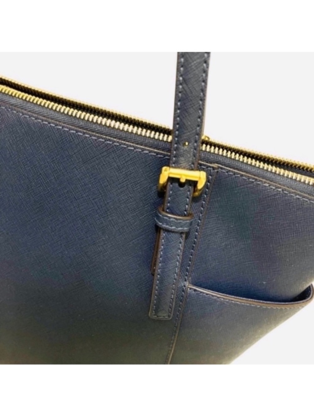 Michael Kors Top Zip Shoulder Bag Double Straps Large Tote Purse Navy Blue Gold - Picture 8 of 13